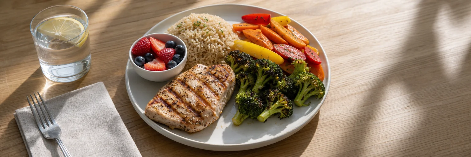 balanced 500-calorie lunch plate with grilled chicken, brown rice, and roasted vegetables