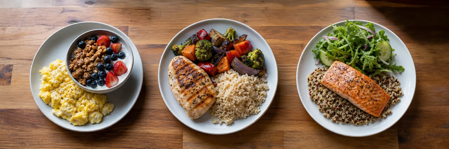 breakfast lunch and dinner plates arranged on a kitchen counter representing an 1,800-calorie weight-loss day