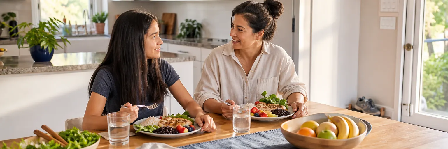 teen and parent sharing a balanced meal at a sunlit kitchen table with fruit and walking shoes nearby as part of a family-based adolescent weight-management routine