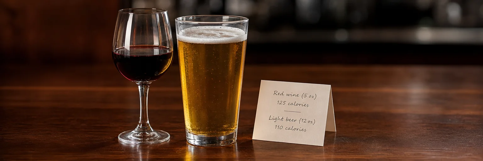 single glass of red wine and a glass of light beer on a bar surface, illustrating typical alcohol calorie costs during weight loss