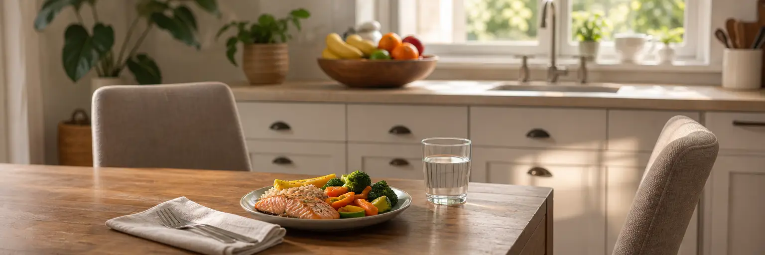 warmly lit kitchen scene with a balanced supportive meal, a glass of water, and a quiet welcoming table setting as part of an anorexia recovery and weight restoration routine