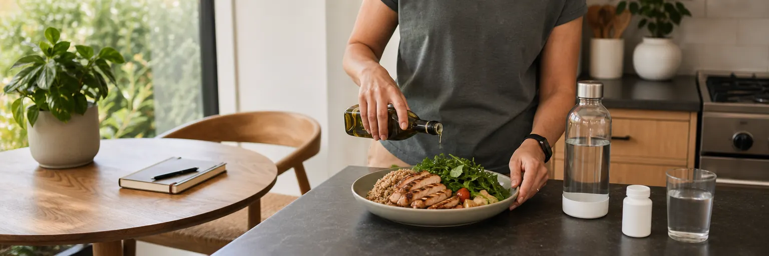 adult preparing a balanced plate at a sunlit kitchen counter with a journal, water bottle, and medication nearby as part of an antidepressant-aware weight-management routine