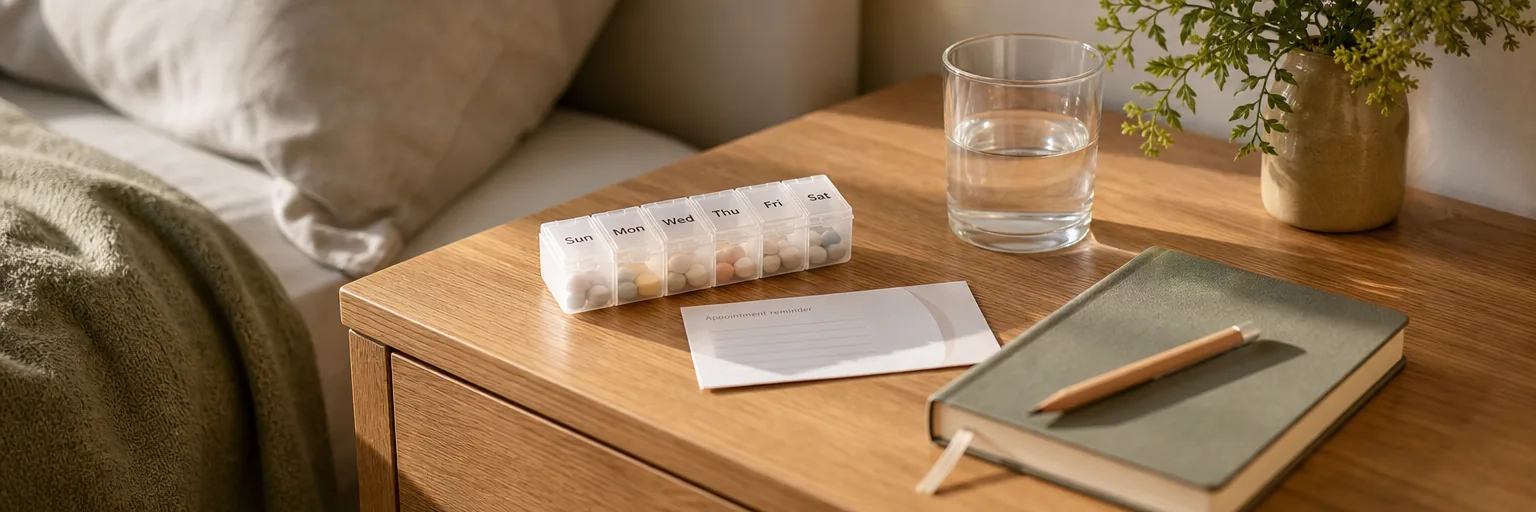 quiet bedside table with a labelled weekly pill organiser, a glass of water, a printed appointment reminder card, and a small notebook with a pencil in a calm neutral non-medicalised palette