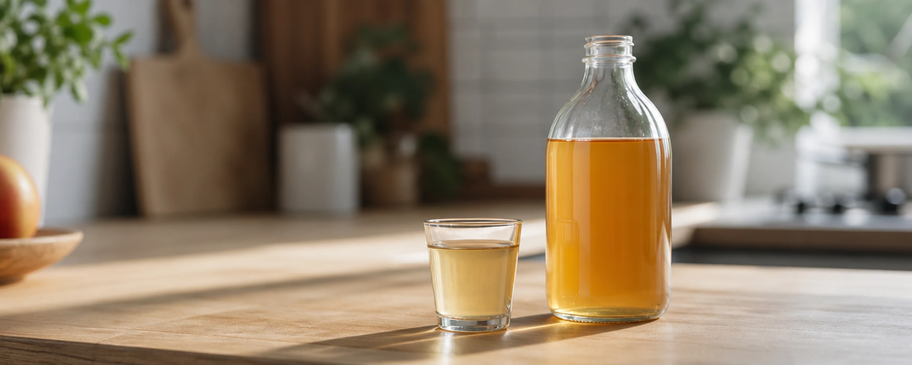 Glass bottle of apple cider vinegar beside a small dosing glass of diluted vinegar on a light-wood kitchen counter in natural daylight