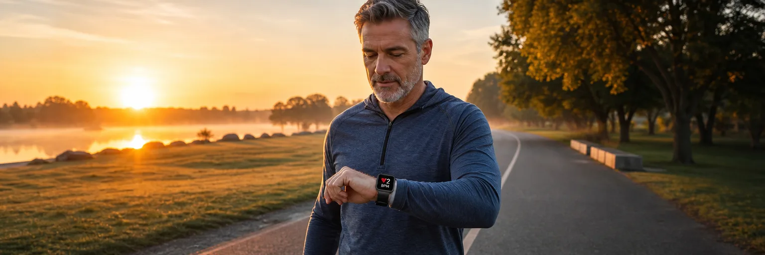 middle-aged adult walking briskly outdoors at sunrise checking a smartwatch heart-rate readout as part of an AFib-and-weight-loss routine.