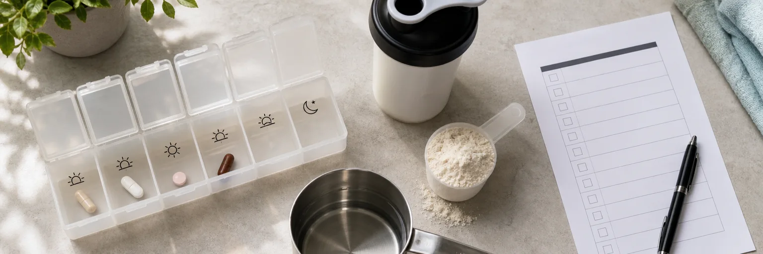 Overhead editorial still-life of a daily pill organizer on a light countertop with a bariatric multivitamin capsule, calcium citrate tablet, sublingual B12, iron capsule, a scoop of protein powder beside a shaker, a measuring cup of water, and a printed lab-panel checklist.
