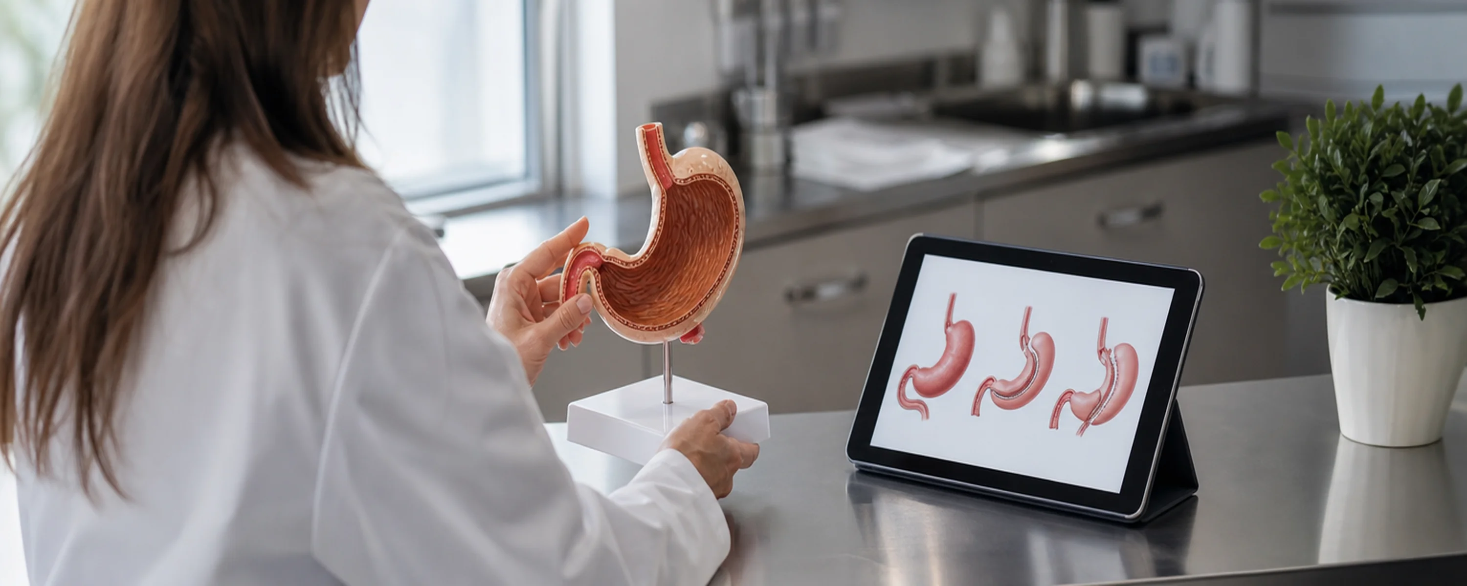 clinician reviewing bariatric procedure options in a clinical consultation room