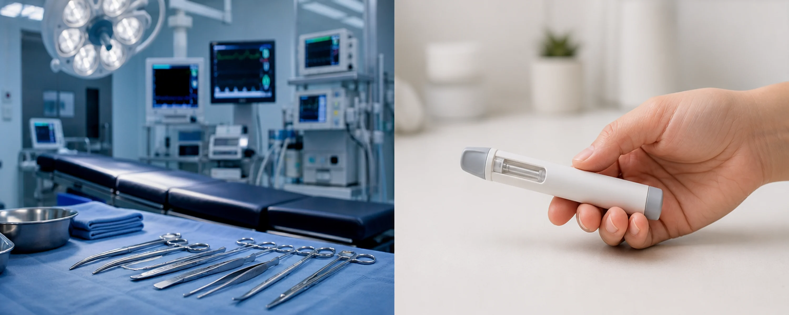 split-frame conceptual image comparing bariatric surgery and GLP-1 medication treatment options