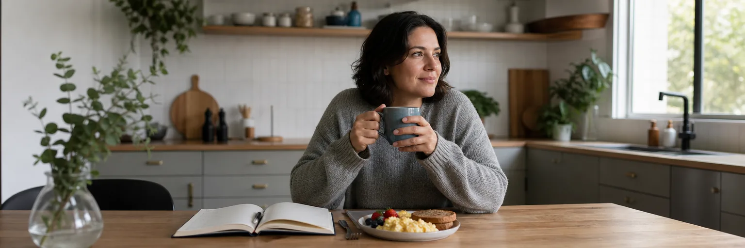 adult seated at a quiet kitchen table with a journal and a small balanced breakfast as part of a binge-eating-disorder and weight-loss routine