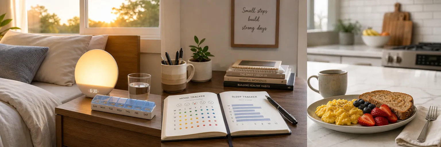 adult's structured morning routine with a mood-and-sleep notebook, pill organizer, and balanced breakfast as part of a bipolar-friendly weight-management routine