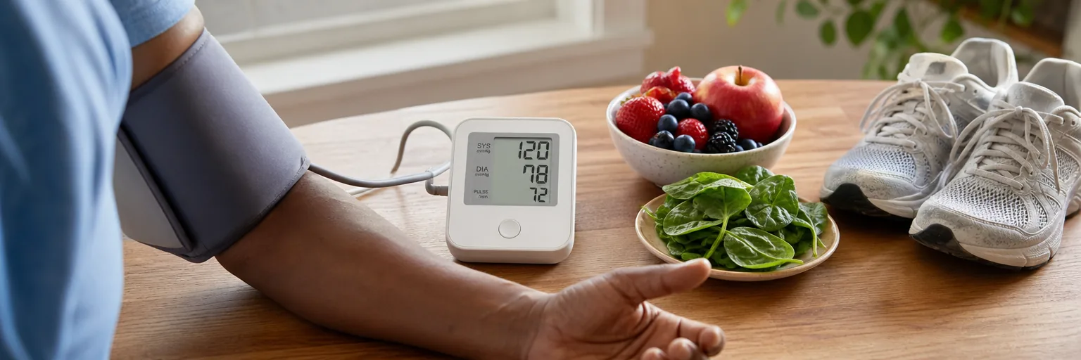 blood pressure cuff and monitor next to a heart-healthy meal and walking shoes