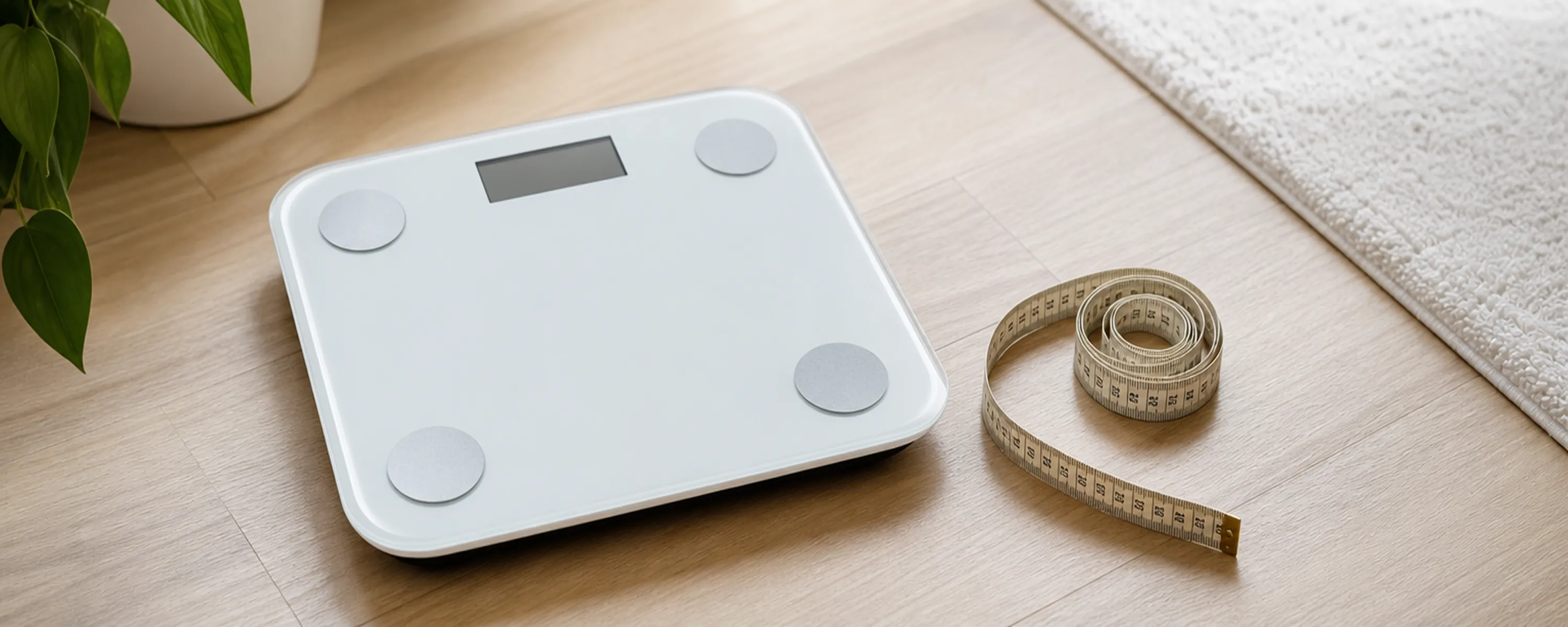 modern bathroom scale and soft tape measure on a light wooden floor representing body measurement tools
