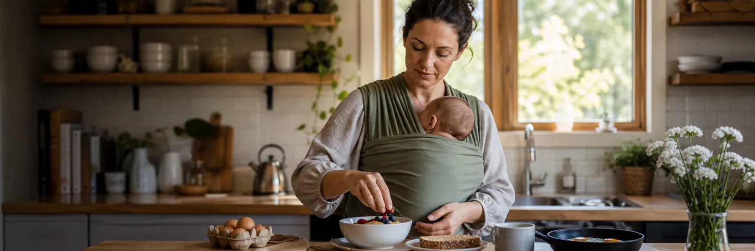 Postpartum mother nursing an infant in a bright, calm room with a bowl of nourishing food and a water bottle nearby, illustrating breastfeeding-safe nutrition and gradual postpartum recovery.