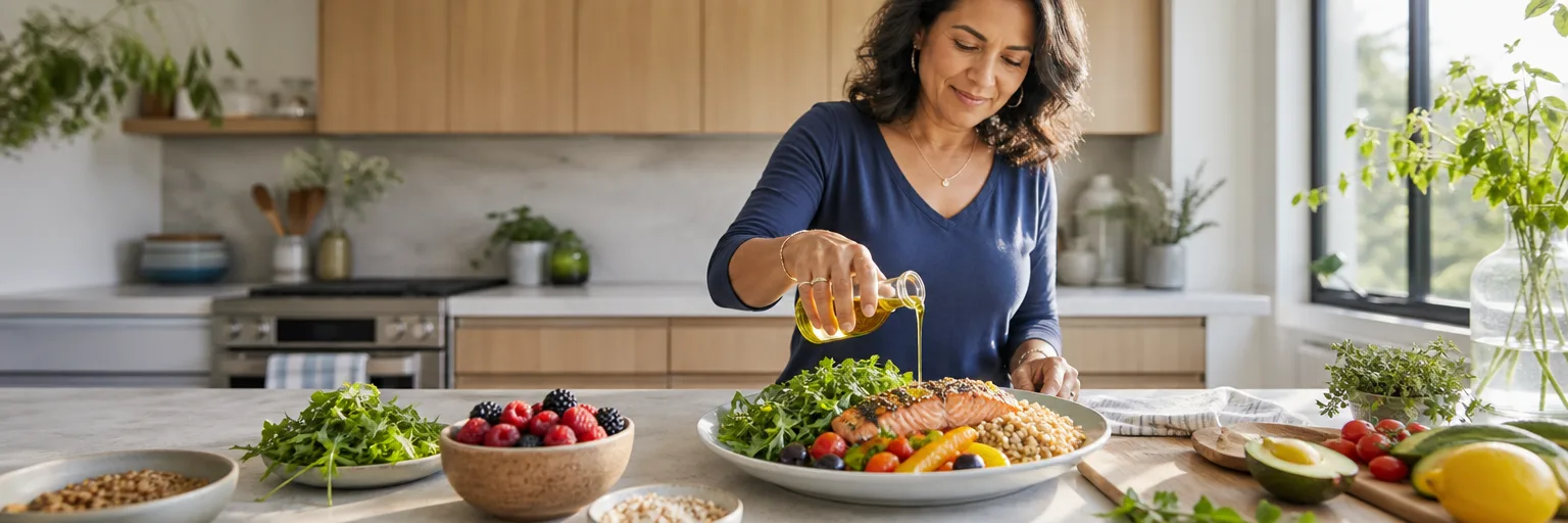 middle-aged adult preparing a colorful Mediterranean plate of leafy greens, salmon, whole grains, and berries as part of a cancer-risk-lowering eating pattern.