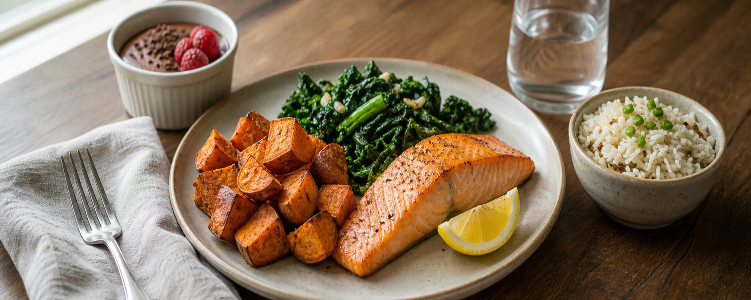 planned higher-carbohydrate refeed meal of salmon, sweet potato, and rice on a wooden table