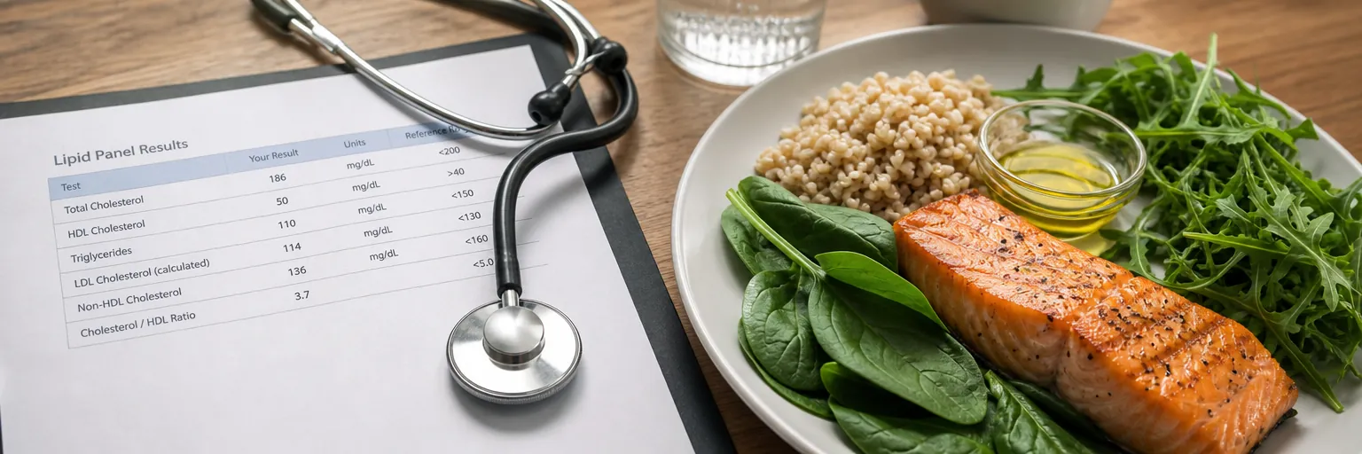 lipid panel results beside a heart-healthy plate of salmon, oats, leafy greens, and olive oil