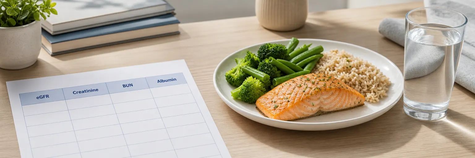 kidney function lab results beside a kidney-friendly plate of lean fish, vegetables, and brown rice