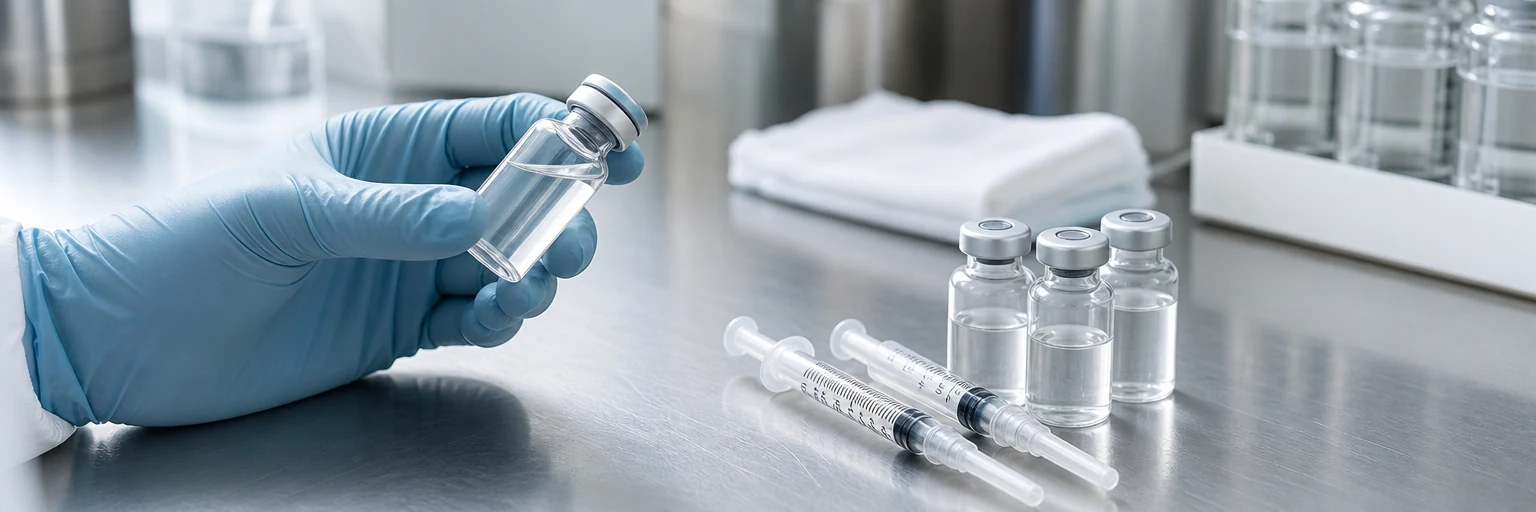 Unbranded vials and syringes arranged on a sterile stainless-steel compounding counter with a gloved hand in soft focus, representing 2026 compounded GLP-1 safety and regulation.