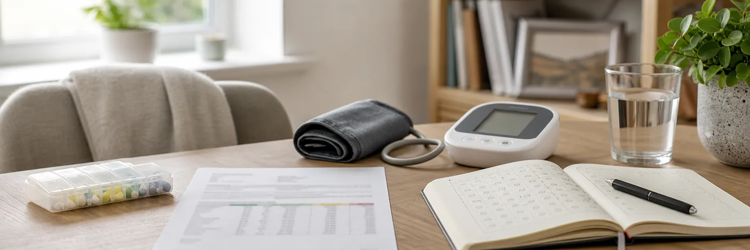 home-office desk with a labelled two-tablet pill organiser in soft focus, a printed baseline blood-pressure reading mock-up on plain letterhead, a home upper-arm blood-pressure cuff coiled beside its display, an open mood-tracker notebook with a pen, and a clear glass of water on warm-grey wood