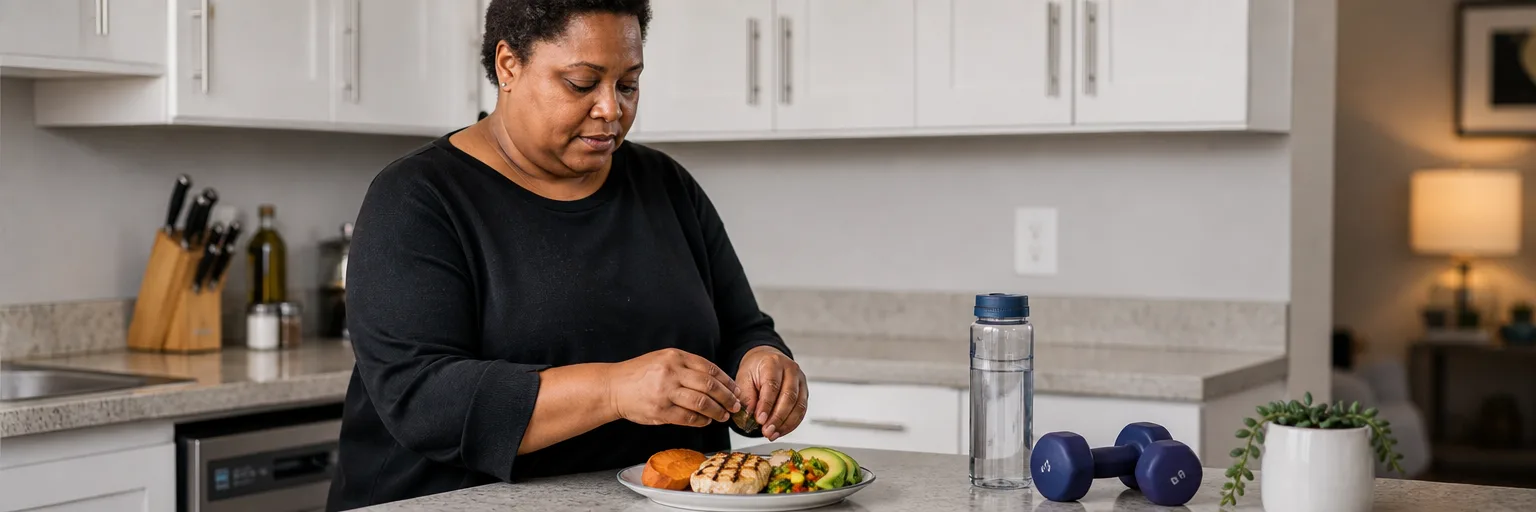 adult preparing a high-protein plate of grilled chicken, sweet potato, avocado, and vegetables beside a small dumbbell as part of a COPD nutrition and weight-management routine