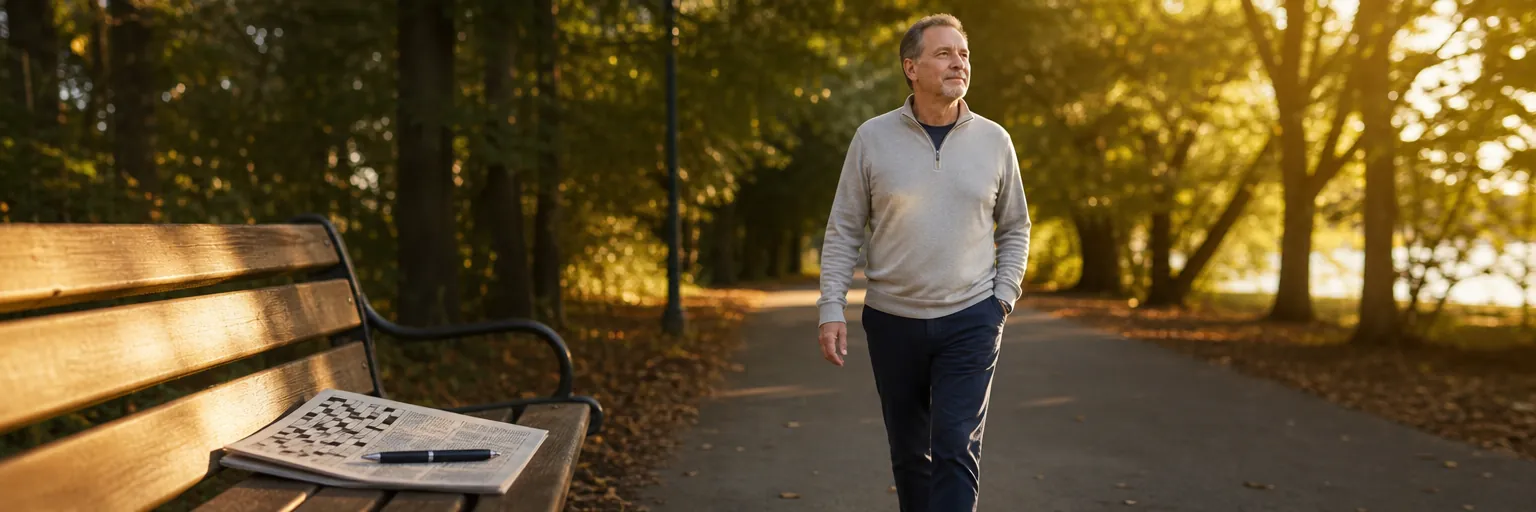 middle-aged adult walking on a tree-lined path at golden hour with a crossword on a nearby bench as part of a brain-protection and weight-loss routine