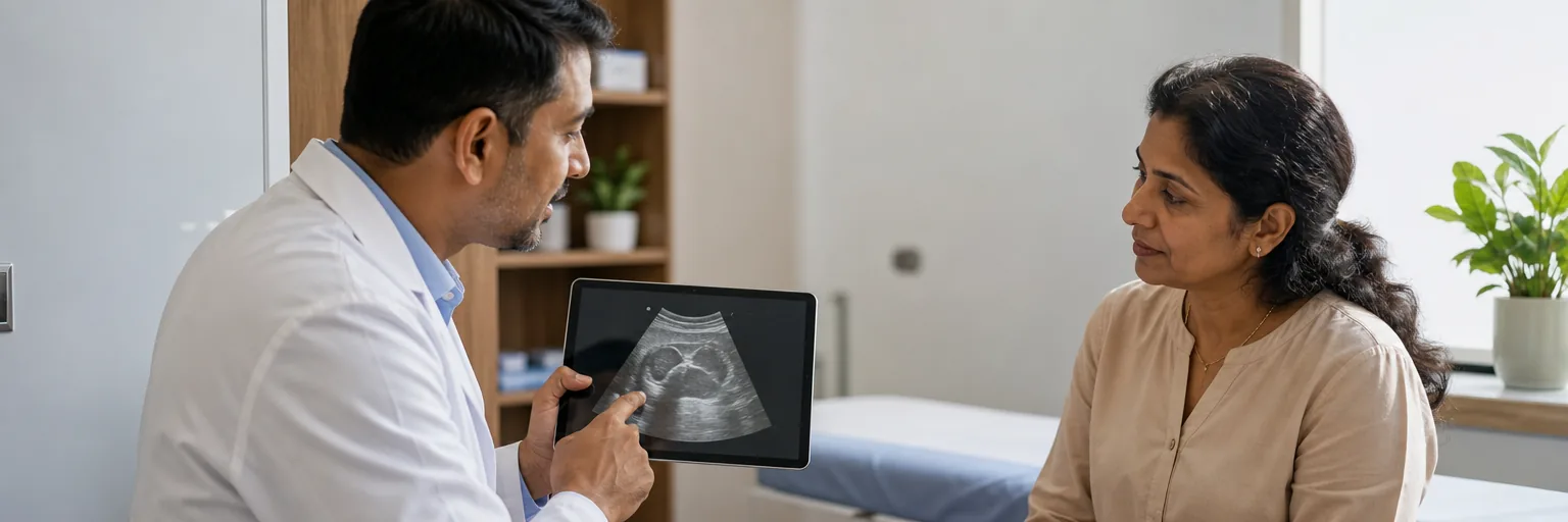 doctor reviewing a liver ultrasound and discussing fatty liver disease with a patient