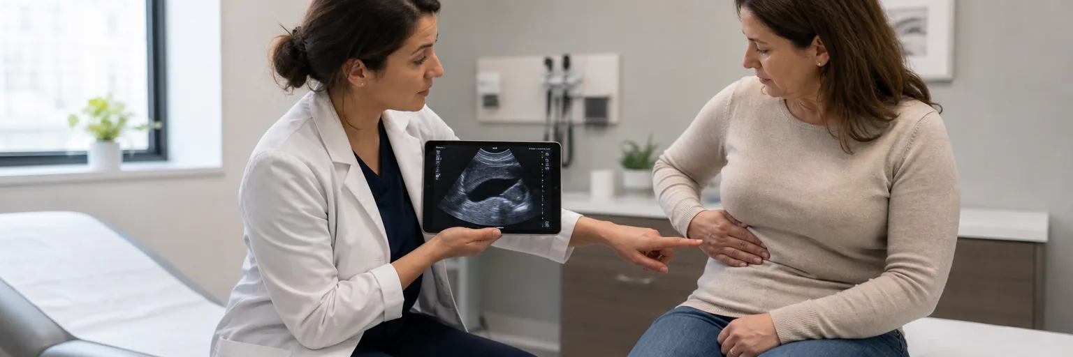 abdominal ultrasound of a gallbladder containing gallstones beside a heart-healthy meal, illustrating gallstone risk during weight loss