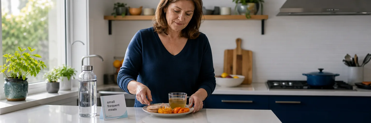 adult preparing a small, low-fat plate of poached chicken, mashed sweet potato, and cooked carrots beside a meal-timing card as part of a gastroparesis and weight-management routine
