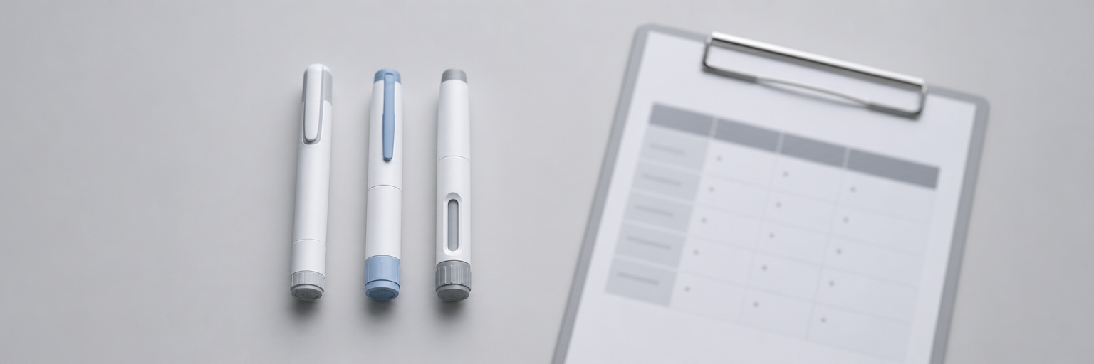 three GLP-1 injection pens arranged side by side on a clinician's desk for comparison