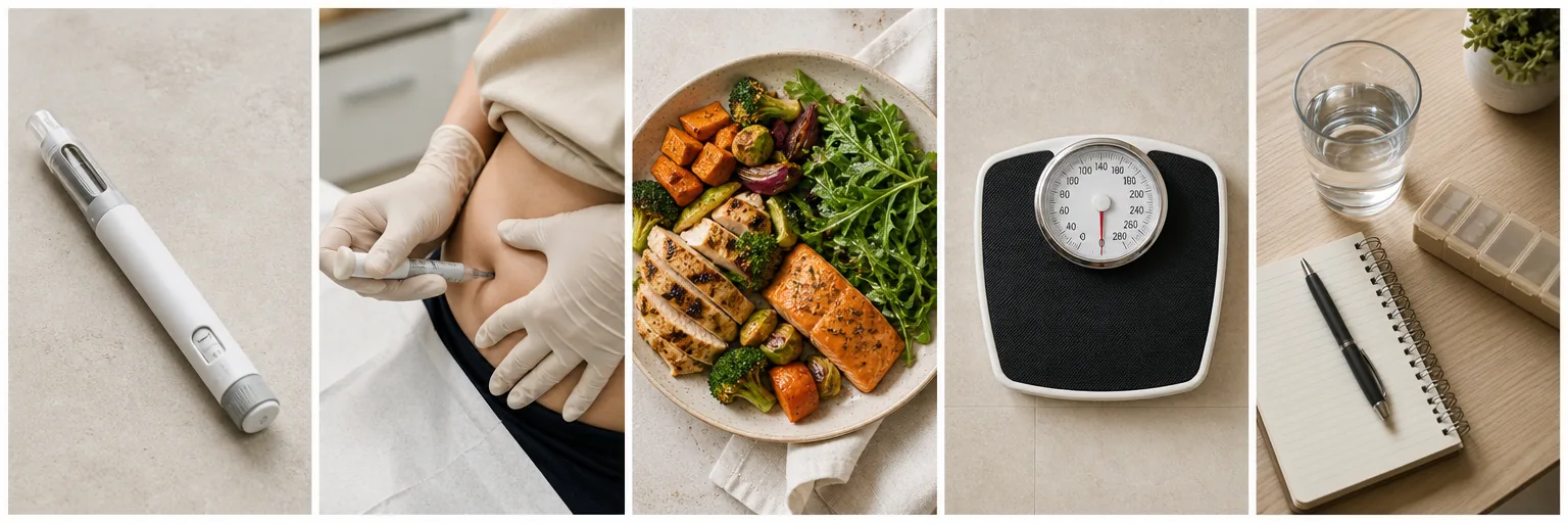 Editorial mosaic showing a prefilled injection pen, a clinician demonstrating an abdominal injection site, a vegetable-forward plate, and a bathroom scale, illustrating the practical picture of GLP-1 weight loss treatment.