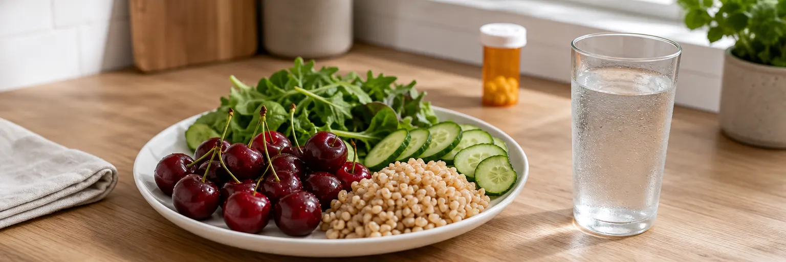 low-purine plate with cherries and vegetables beside a glass of water on a kitchen counter, illustrating gout-friendly eating during weight loss