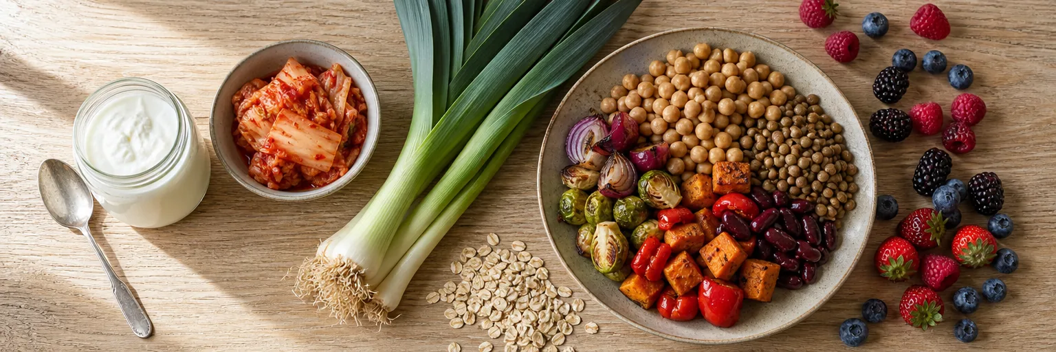 Overhead editorial mosaic of gut-supportive whole foods on light oak: plain yogurt, a bowl of kimchi, fresh leeks, mixed legumes with roasted vegetables, oats, and berries.