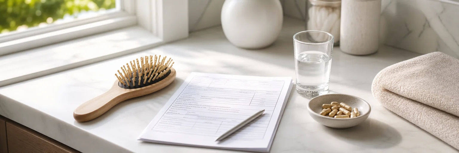 Calm clinical scene with a hairbrush, lab-request form, glass of water, and supplement capsules on a bright bathroom counter, illustrating evaluation of weight-loss-related hair shedding
