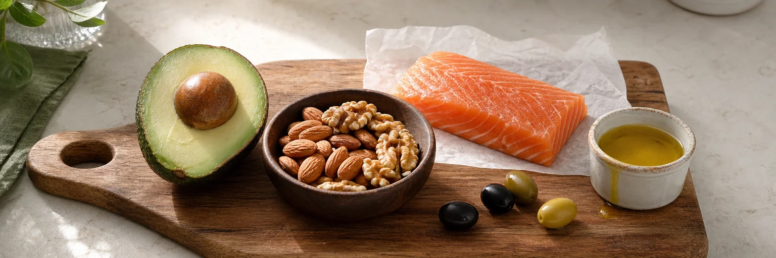 Editorial overhead of a wooden board with avocado, mixed nuts, salmon fillet, olive oil, and olives showing healthy fat sources for weight loss