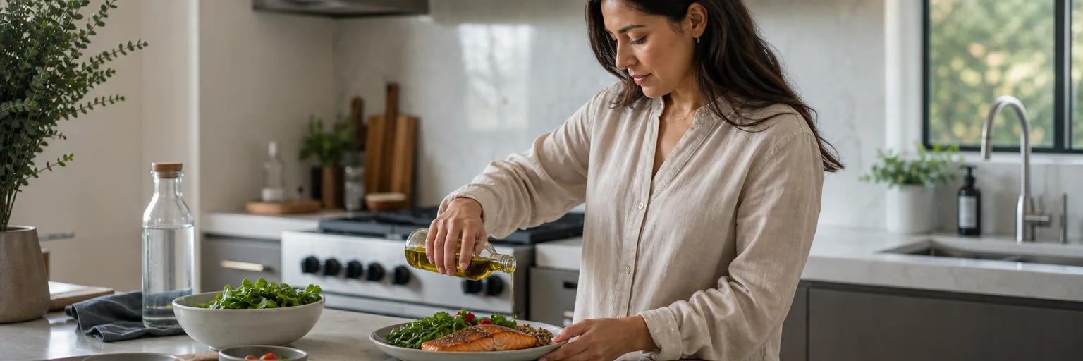 adult preparing a Mediterranean-style plate of grilled salmon, leafy greens, olive oil, and whole grains as part of a hidradenitis-suppurativa and weight-loss routine