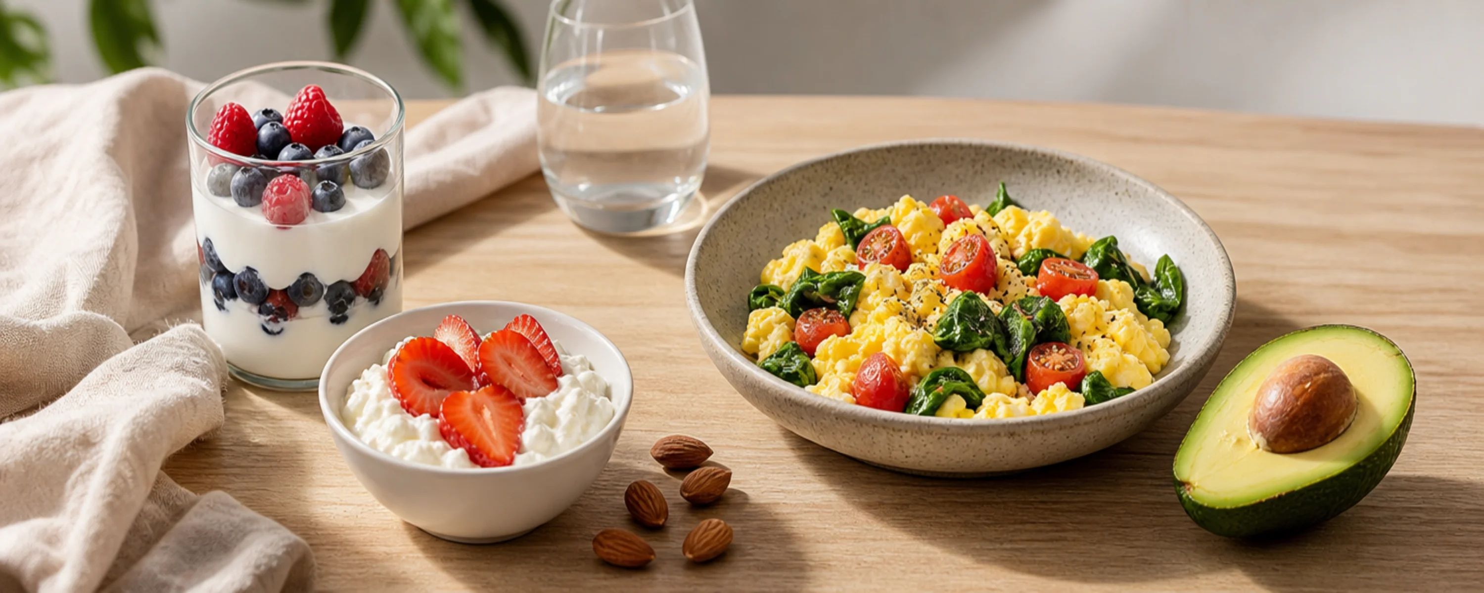 High-protein breakfast spread on a light wooden surface with Greek yogurt and berry parfait, scrambled eggs with spinach and tomatoes, cottage cheese with strawberries, almonds, and avocado