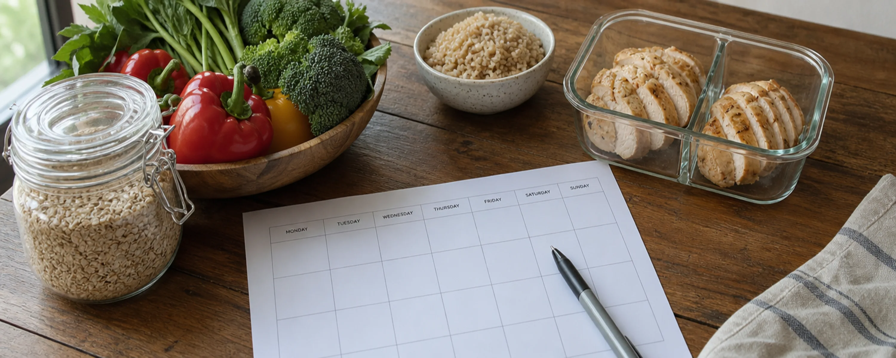Weekly meal plan worksheet with ingredients for a balanced weight loss meal plan