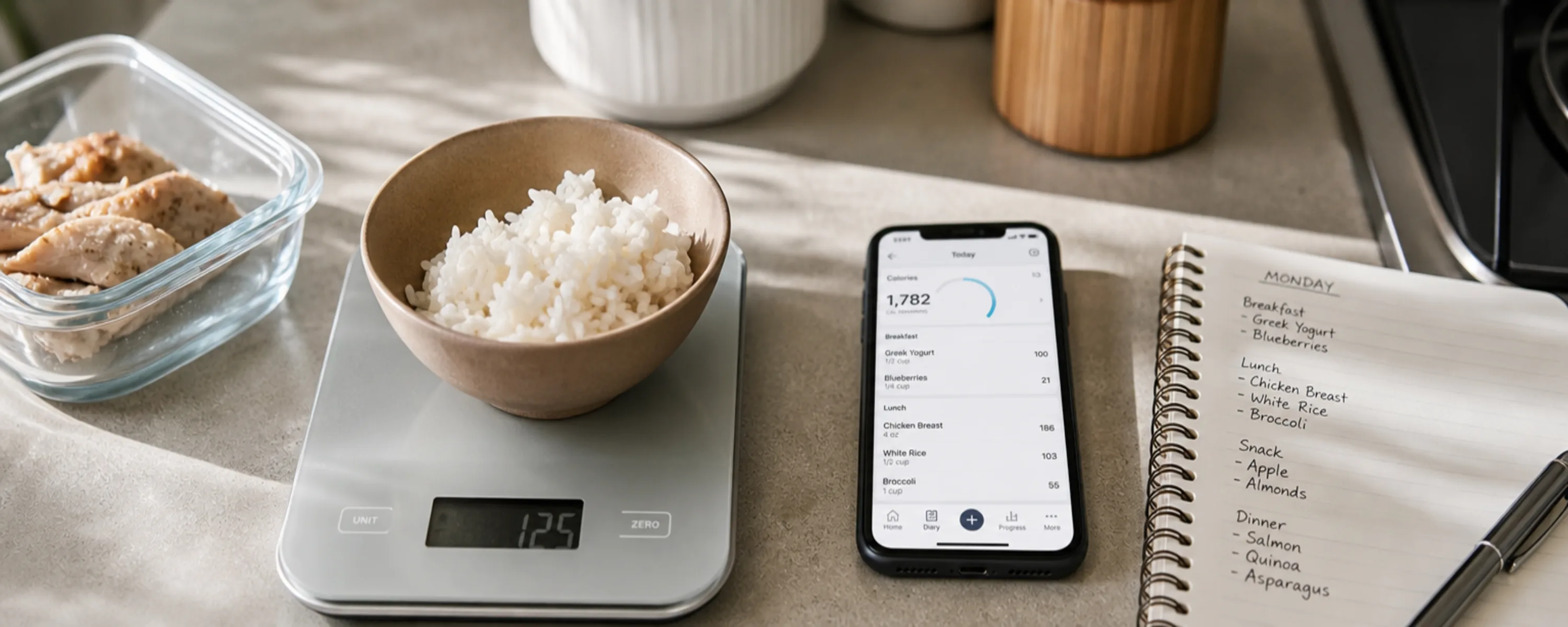 Kitchen scale weighing a portion of food next to a notebook for calorie tracking