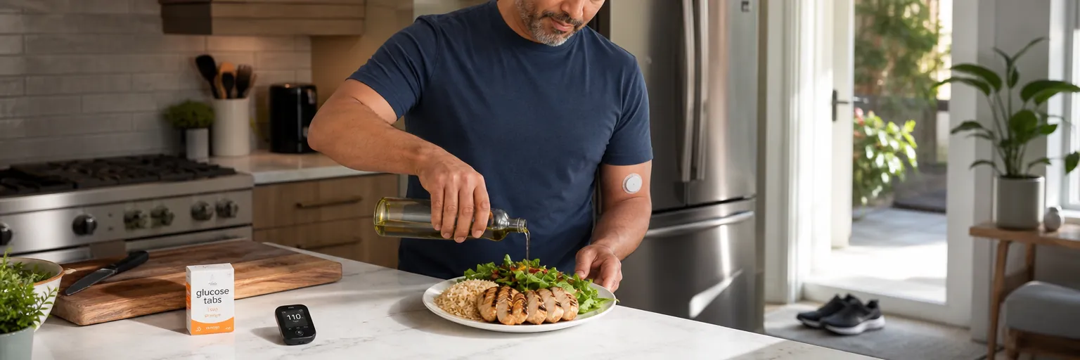 adult preparing a balanced plate at a sunlit kitchen counter with glucose tabs, a CGM reader, and walking shoes nearby as part of a hypoglycemia-aware weight-management routine.
