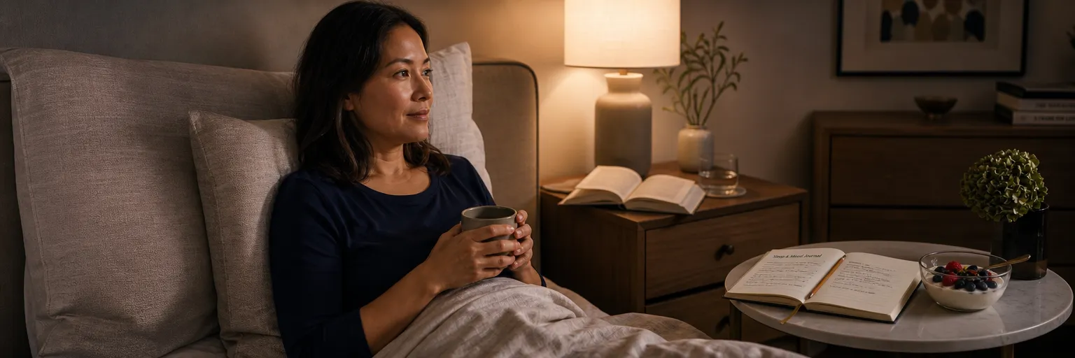 adult's calm wind-down bedroom routine with a book, sleep journal, and light protein snack as part of an insomnia-and-weight-management routine
