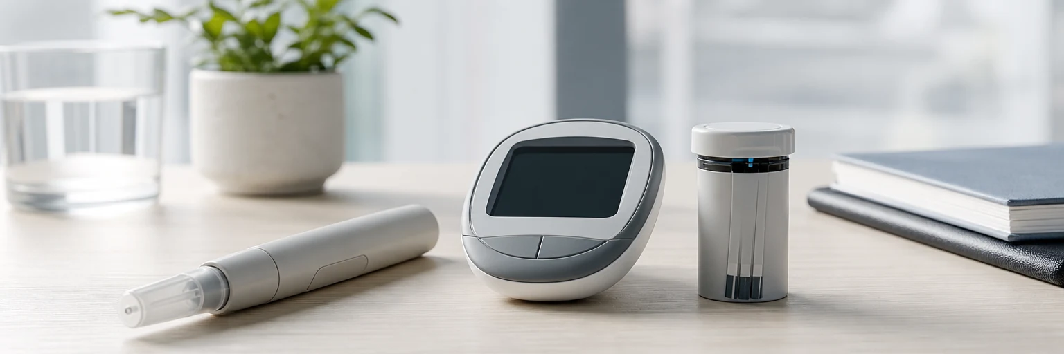 Unbranded insulin pen beside a compact digital blood-glucose meter on a clean clinical desk in soft daylight, representing basal insulin therapy in type 2 diabetes.