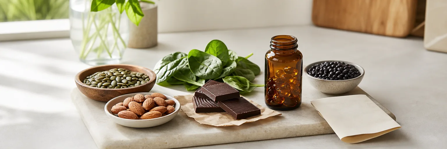 bright kitchen counter with dietary sources of magnesium including a small wooden bowl of pumpkin seeds, a dish of raw almonds, fresh spinach leaves, squares of dark chocolate on parchment, a bowl of black beans, and a small unbranded amber bottle of magnesium glycinate softgels beside a blank paper lab-slip mock-up
