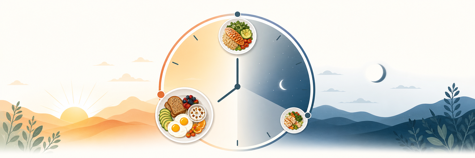 Circular clock face with a hearty breakfast plate at 8, a moderate lunch at noon, and a small dinner plate at 4, dawn-to-dusk gradient behind, illustrating early time-restricted eating and chrononutrition.