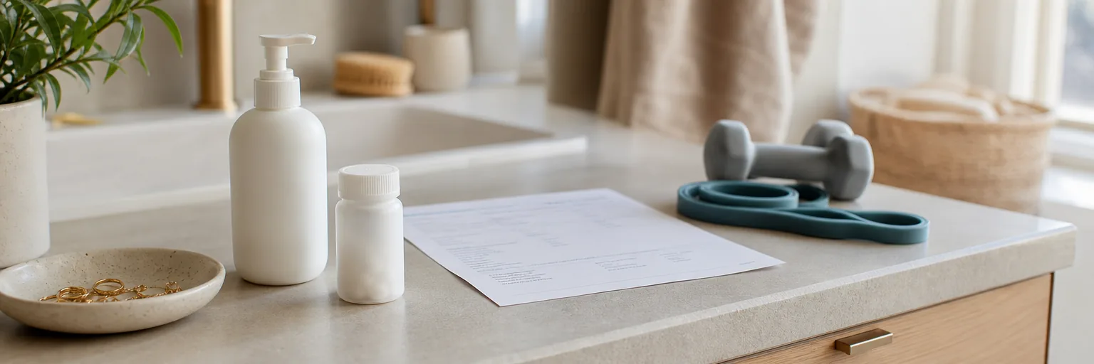 calm vanity counter in soft daylight with an unbranded matte-white pump-dispenser mock-up in soft focus for transdermal estradiol, a small unbranded capsule bottle for micronised progesterone, a plain-letterhead lab-slip mock-up for FSH and estradiol and lipids, and a coiled resistance band beside a light dumbbell pair
