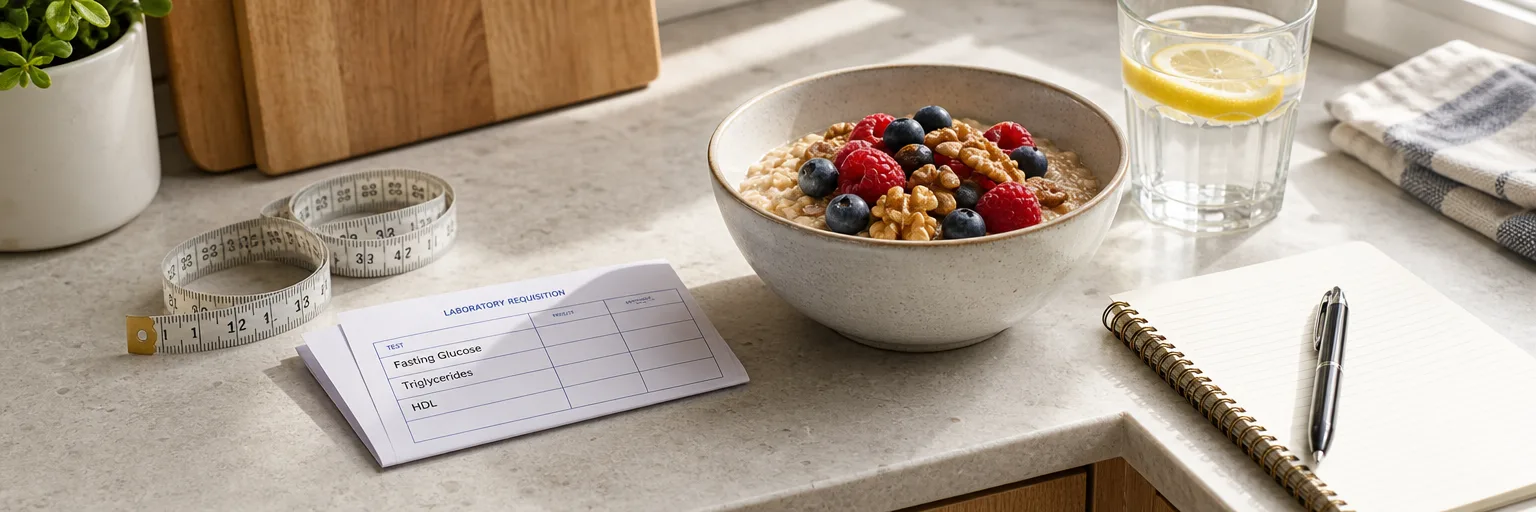 kitchen counter showing a measuring tape, lab requisition for fasting glucose and triglycerides, and a high-fiber oatmeal-and-berry breakfast for reversing metabolic syndrome.