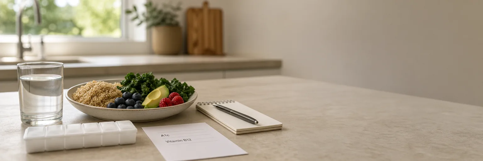 daytime kitchen counter with an unlabeled weekly pill organizer in soft focus beside a plain paper lab-slip mock-up for A1c and vitamin B12, a clear glass of water, and a shallow plate of fiber-rich whole grains, leafy greens, blueberries, raspberries, and avocado, with a small blank notepad and pen at the edge