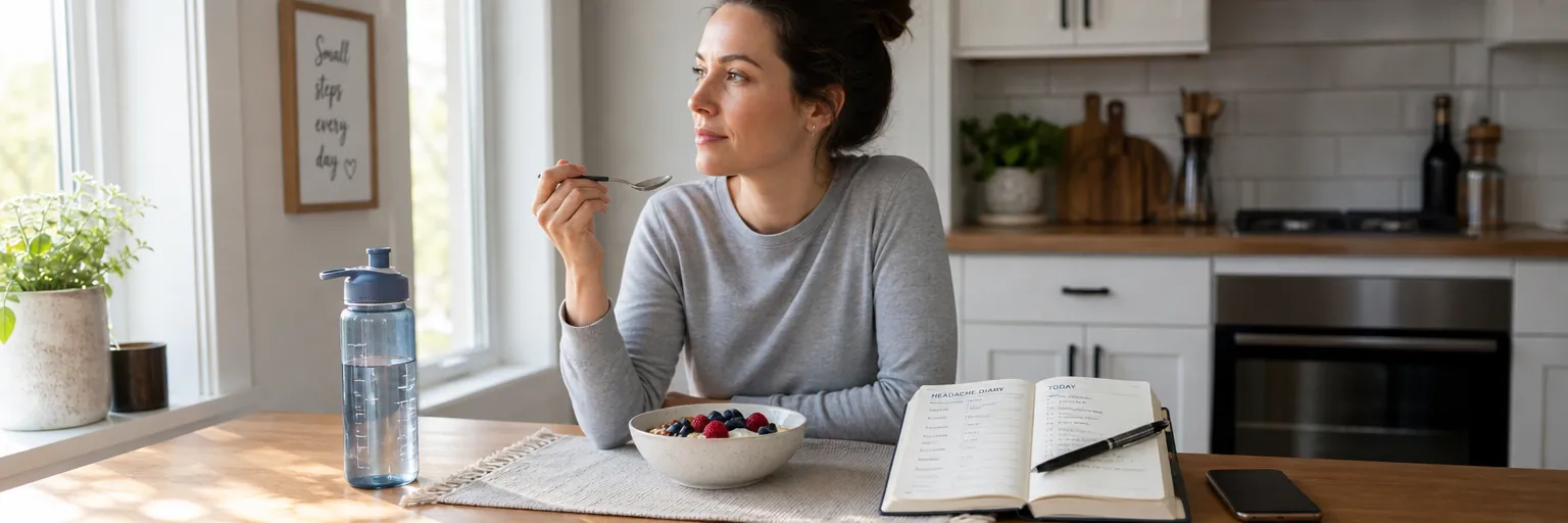 adult at a kitchen table with a water bottle, Greek-yogurt breakfast, and a headache-tracking diary as part of a migraine-and-weight-loss routine