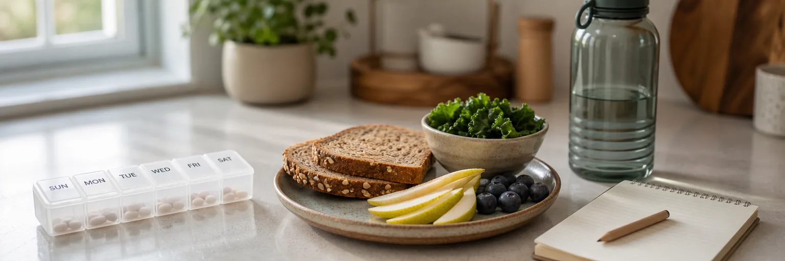 quiet kitchen counter with a labelled weekly pill organiser, a warm ceramic plate of fibre-rich food including whole-grain toast, sliced pear, blueberries and leafy greens, a labelled reusable water bottle, and a small notepad with a short pencil in a calm daytime palette