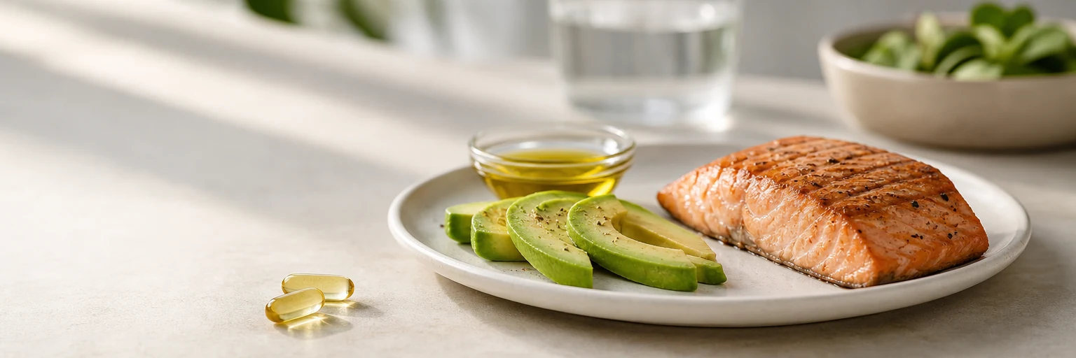Unbranded gel capsules on a neutral surface beside a small plate with visible dietary fat — avocado, olive oil, and salmon — in soft daylight, representing lipase-inhibitor therapy with a fat-controlled meal.