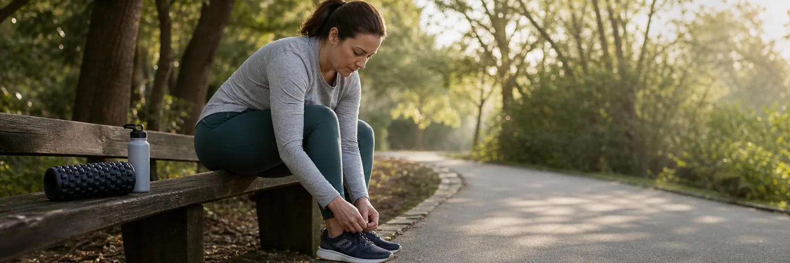 adult lacing supportive walking shoes on a park bench beside a foam roller and water bottle as part of a plantar-fasciitis and weight-loss routine